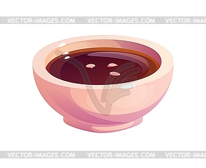 Cartoon soy sauce in ceramic bowl, food condiment - color vector clipart