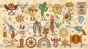 Cartoon Wild West retro groovy Western characters - vector clipart