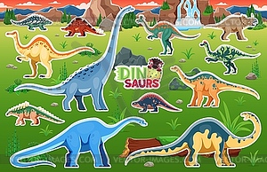 Dinosaur stickers, funny dino and Jurassic lizards - vector clip art