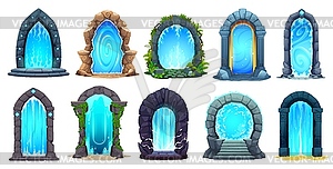 Fantasy game magic portal, cartoon fairytale doors - vector image