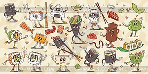 Retro groovy japanese sushi and roll characters - vector clipart / vector image