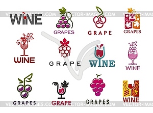 Grape wine and glass icons, winery and vineyard - vector clip art
