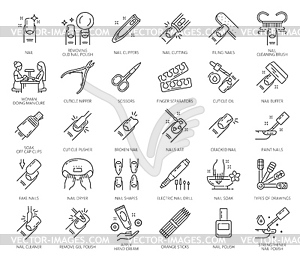 Nail manicure service icons, polish and care tools - vector clip art