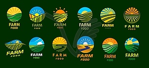 Agriculture farm food icons, field landscape, sun - royalty-free vector image