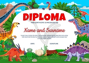 Kids diploma, funny cartoon prehistoric dinosaurs - vector clip art