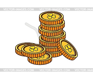 Cartoon retro golden coins with clover leaves - vector clip art