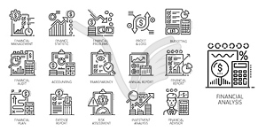 Значки финансового анализа, бухгалтерского учета, налоговых поступлений - изображение в векторном формате