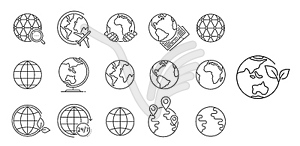 World globe and planet earth line icons for travel - vector clipart