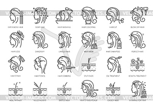 Hair care and treatment icons, woman beauty salon - vector image