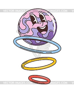 Cartoon retro groovy space planet with rings - vector clipart