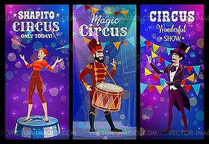 Circus show carnival magician, juggler and drummer - vector image