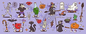 Groovy Halloween characters retro cartoon monsters - vector clip art