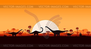 Dinosaurs silhouettes sunset prehistoric landscape - stock vector clipart