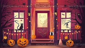 Halloween door porch, spooky pumpkins, scary boo - vector clipart