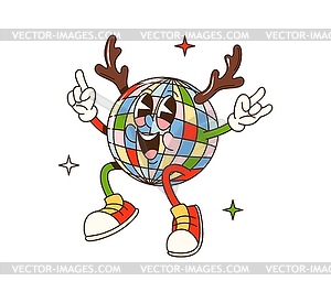 Cartoon groovy Christmas discoball character dance - vector clipart