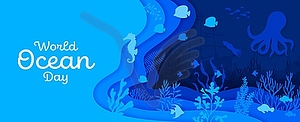 World Ocean Day underwater paper cut banner - vector clip art