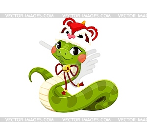 Cartoon green snake wearing festive Chinese hat - vector clipart