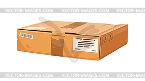 Damaged and crumpled box with delivery label - vector image