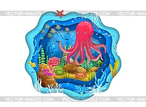 Funny cartoon octopus on paper cut sea underwater - vector image