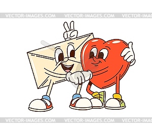 Groovy valentine heart and envelope characters - vector clip art