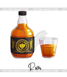 Rum alcohol bottle and glass with label - vector image