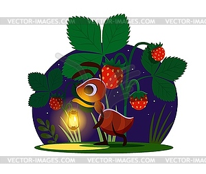 Cartoon ant with lantern on lawn walking home - vector image