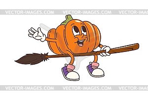 Groovy Halloween pumpkin character on witch broom - color vector clipart