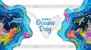 World oceans day, paper cut underwater landscape - vector clip art