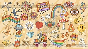 Retro cartoon groovy hippie symbols and elements - vector clipart