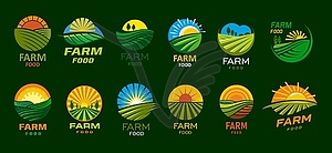 Agriculture farm food icons, green field, sun, sky - vector image