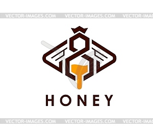 Honey bee icon, beekeeping apiary product emblem - vector image