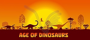 Dinosaurs silhouettes on sunset natural landscape - vector image