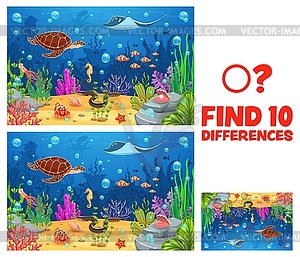 Kids game worksheet, ten differences on underwater - vector image