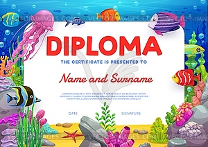 Kids diploma with fishes and underwater landscape - vector image