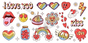 Retro y2k groovy love symbols and hippie stickers - vector clipart