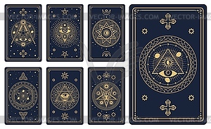 Tarot cards with celestial frame, esoteric pattern - vector image