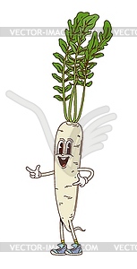 Groovy daikon vegetable retro character pointing - vector image