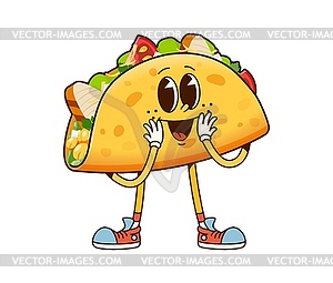 Groovy fast food tacos character, cartoon tex mex - vector clipart