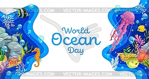 World ocean day paper cut banner with underwater - vector image