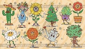 Cartoon retro groovy plant flower, tree characters - vector image