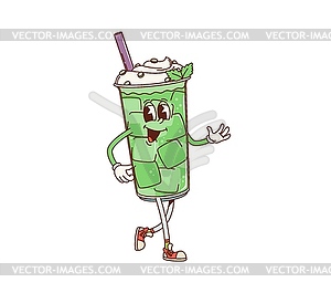 Retro groovy mint milkshake dessert character - vector clipart