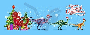 Santa in sleigh with dinosaurs Christmas greetings - vector image