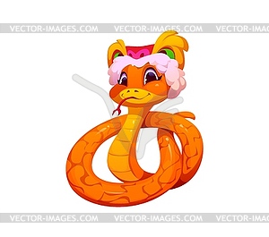 Cartoon playful snake character in Chinese hat - vector image