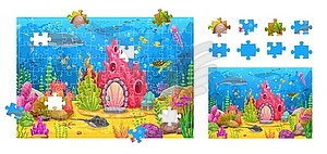 Jigsaw puzzle game, cartoon underwater landscape - vector image