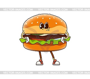 Groovy fast food burger character standing akimbo - stock vector clipart