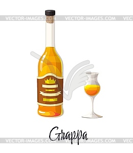Grappa alcohol bottle and glass with liquid - vector clipart