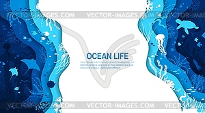 Paper cut underwater landscape, ocean life banner - vector image