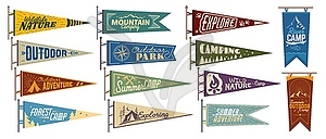 Camping pennant flags with adventure phrases - vector image