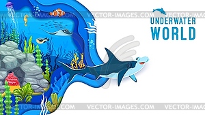 Cartoon paper cut underwater landscape with shark - vector clipart