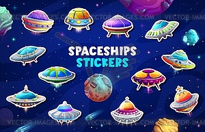 Stickers pack of ufo flying saucers float in space - vector image